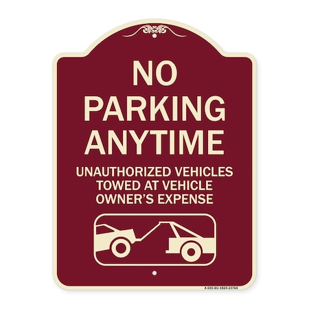 Signmission No Parking Anytime Unauthorized Vehicles Towed at Vehicle Owners Expense With Car, BU-1824-23764 A-DES-BU-1824-23764